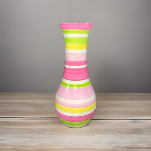 Unmarked Other - Swirl Hand Painted Vase Pink, Yellow, Green, Pastel Collection 10” Ceramic